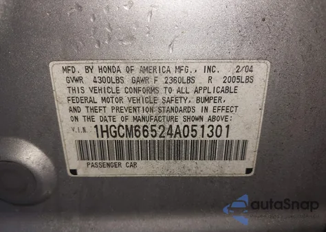 2004 Honda Accord 3.0 Ex from USA, damaged, VIN 1HGCM66524A051301